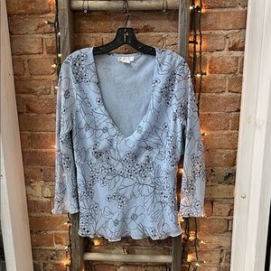 Worthington Floral V-Neck Blouse - Sky Blue Vintage